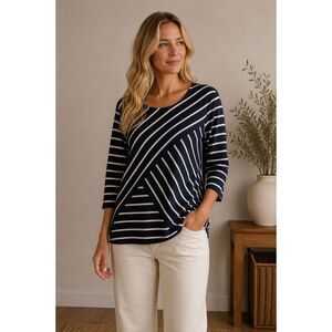Chico’s Striped Asymmetrical Top Size 3 Navy White 3/4 Sleeve Tunic